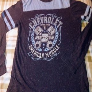 Unisex Ringer T Shirt Blue Color Block GM Chevrolet Graphics Sz M 38-40 Longslv.